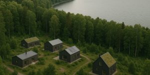 Flygfoto av Vätterns östra strand med moderna, energieffektiva hus